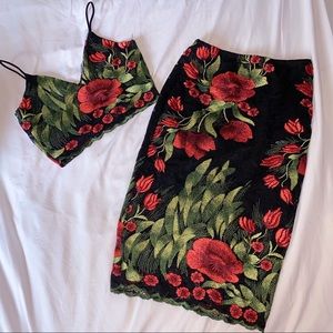 embroidered red flowers + leaves matching set